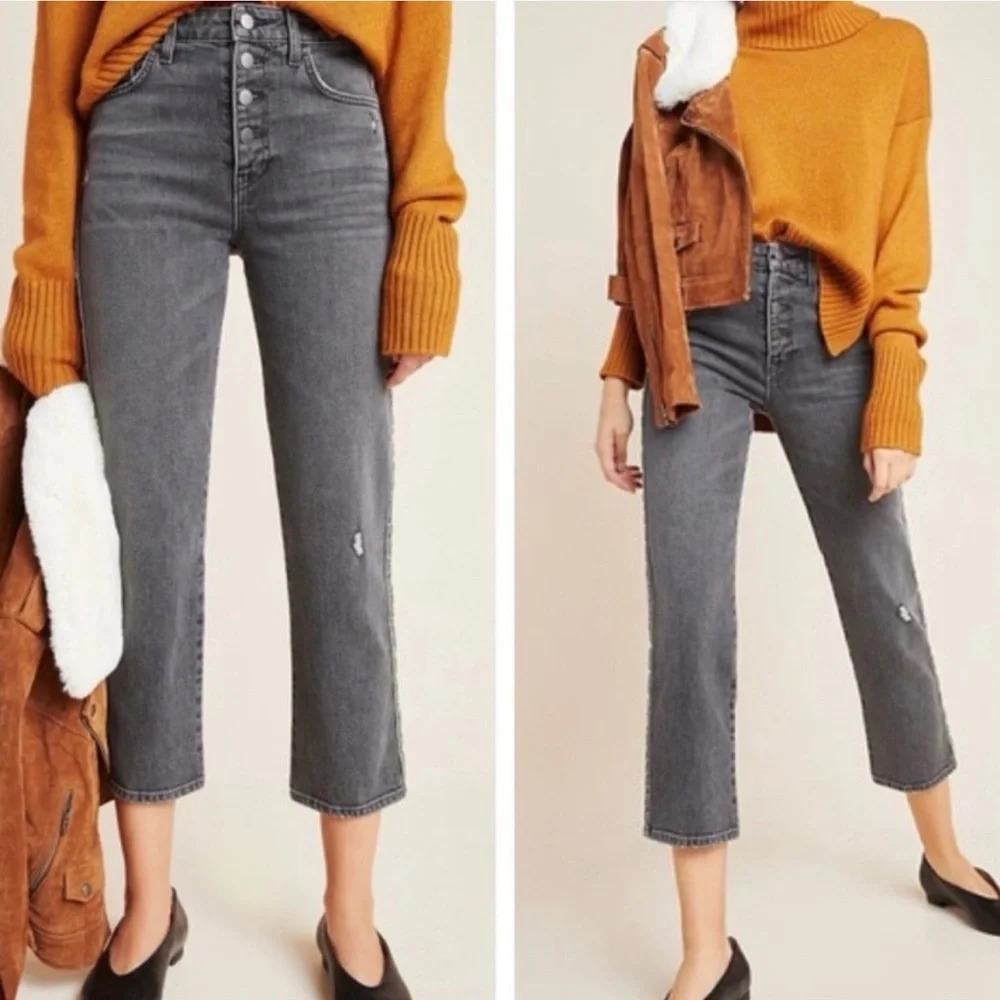 Sundry Leopard Trim Straight Ankle Jeans Size 30 Gray High Rise Button Fly